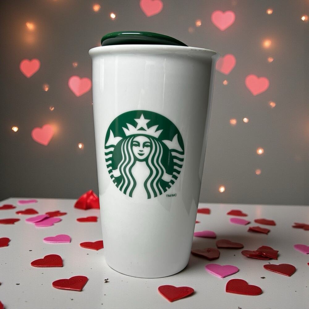 Starbucks Ceramic Travel Mug 12oz White Green Lid Coffee Cup